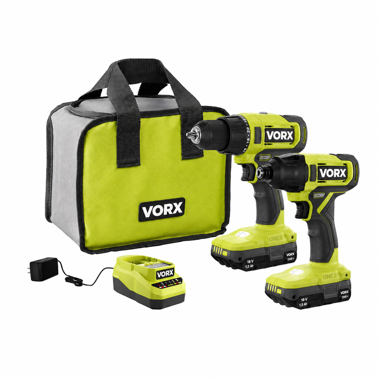 Kit VORX 18V VORX+ com 2 Ferramentas Sem Fios, 2 Baterias, Carregador e Bolsa